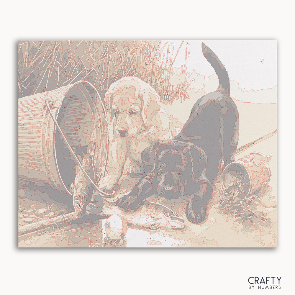 Puppies at Play paint by number inspired by famous paintings with vibrant colors reminiscent of van gogh famous paintings.