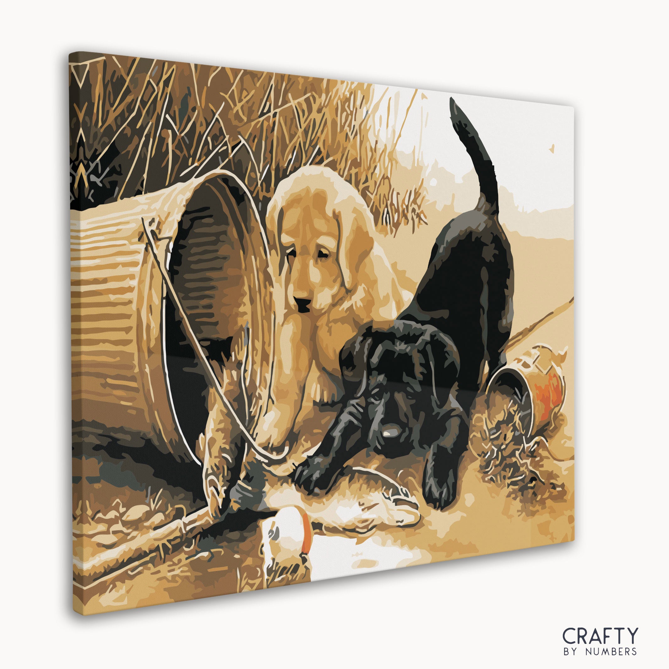 Detailed Puppies at Play paint by number artwork capturing the joy found in famous landscape paintings by renowned artists.