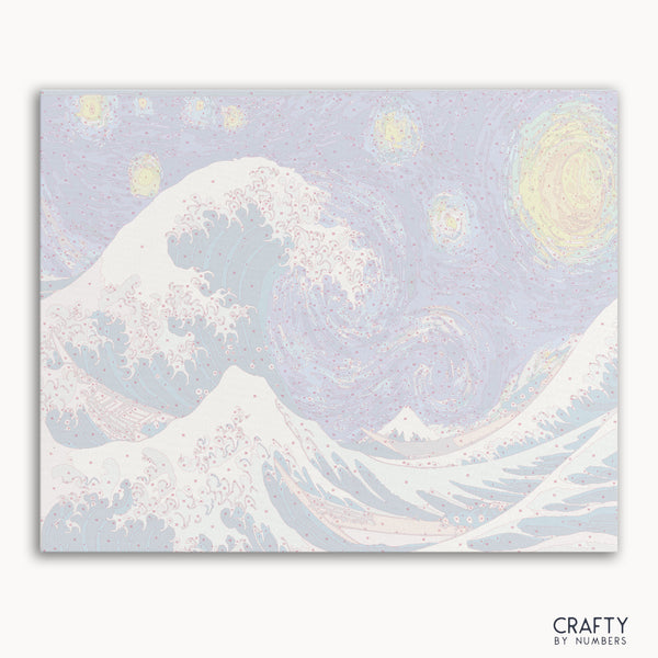 The Great Wave at Starry Night paint by number blending famous paintings and van gogh famous paintings styles with vibrant colors and dynamic motion.