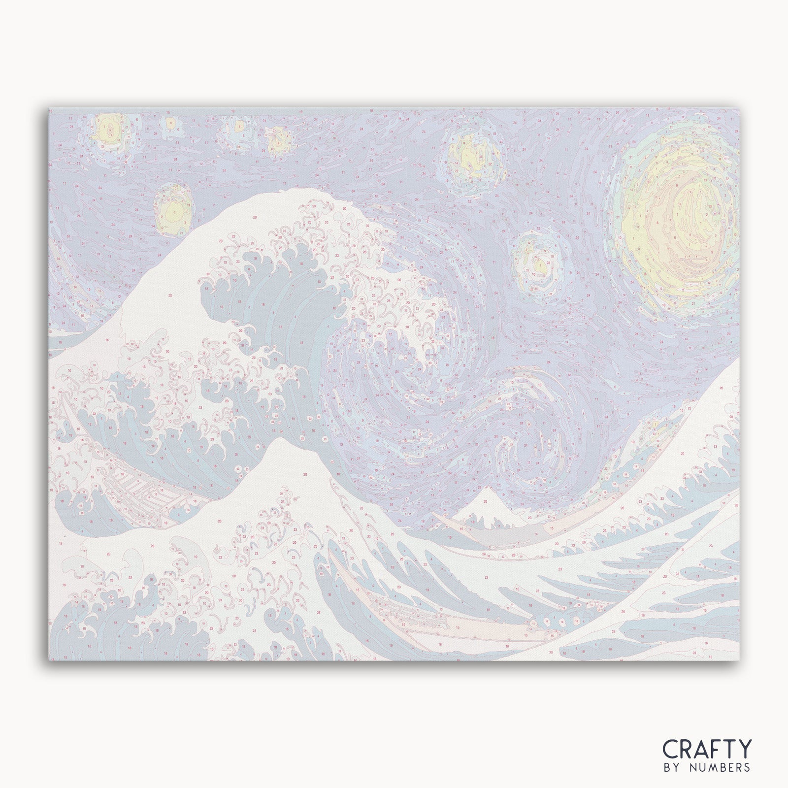 La gran ola en la noche estrellada pinta por números combinando pinturas famosas y estilos de pinturas famosas de Van Gogh con colores vibrantes y movimiento dinámico.