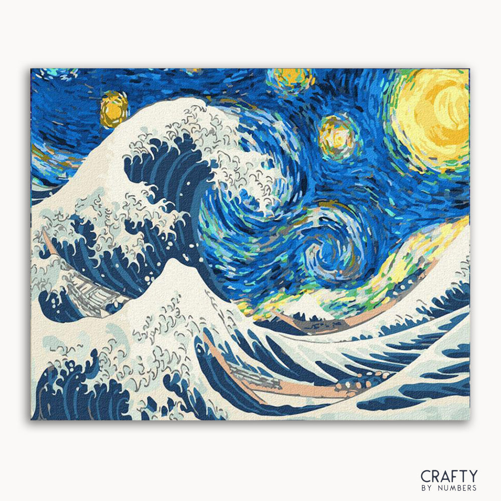 A completed paint-by-numbers kit depicting a stylized version of 'The Great Wave off Kanagawa' with elements inspired by 'Starry Night'.