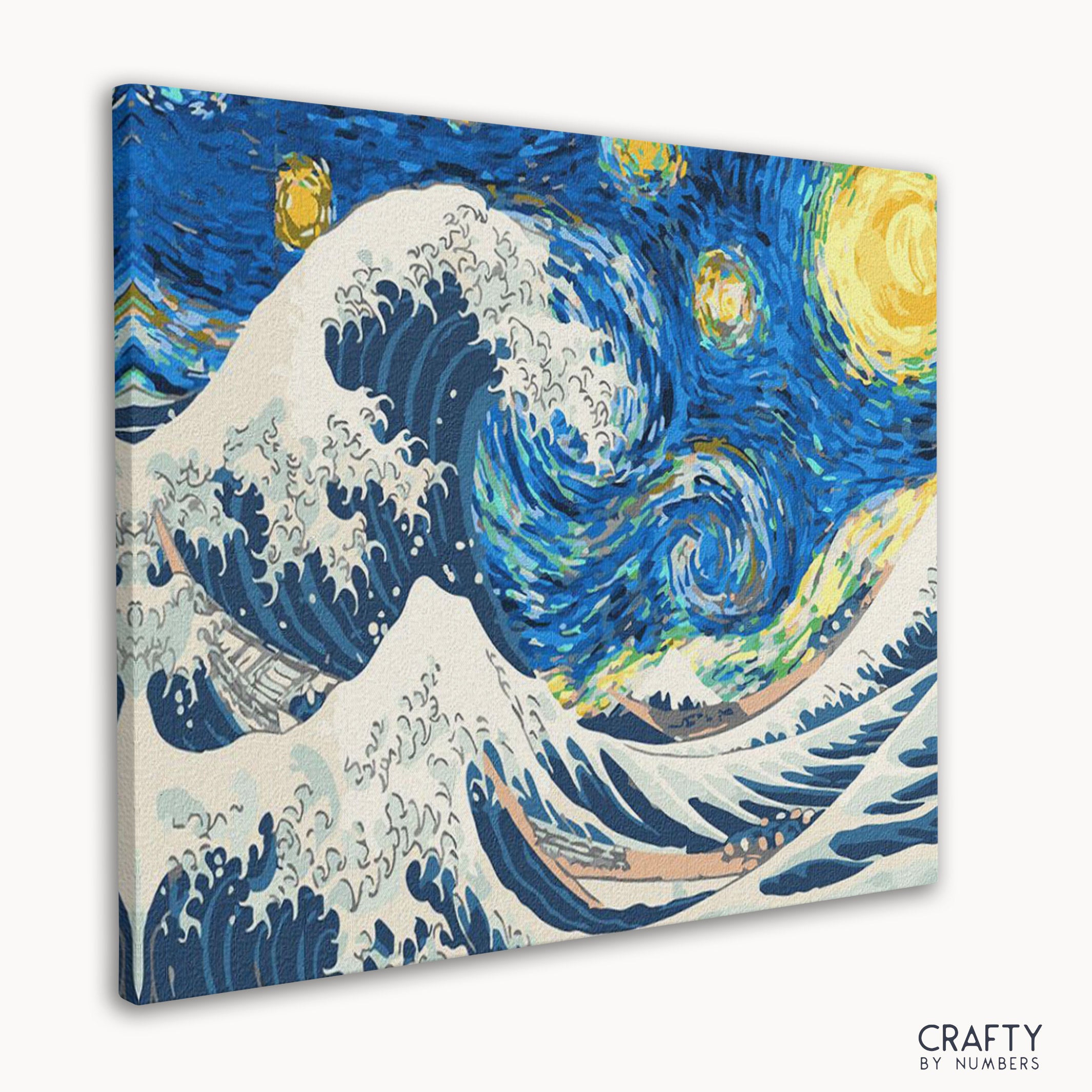 Detailed paint by number of The Great Wave at Starry Night showcasing famous landscape paintings and famous artists paintings in a contemporary style.