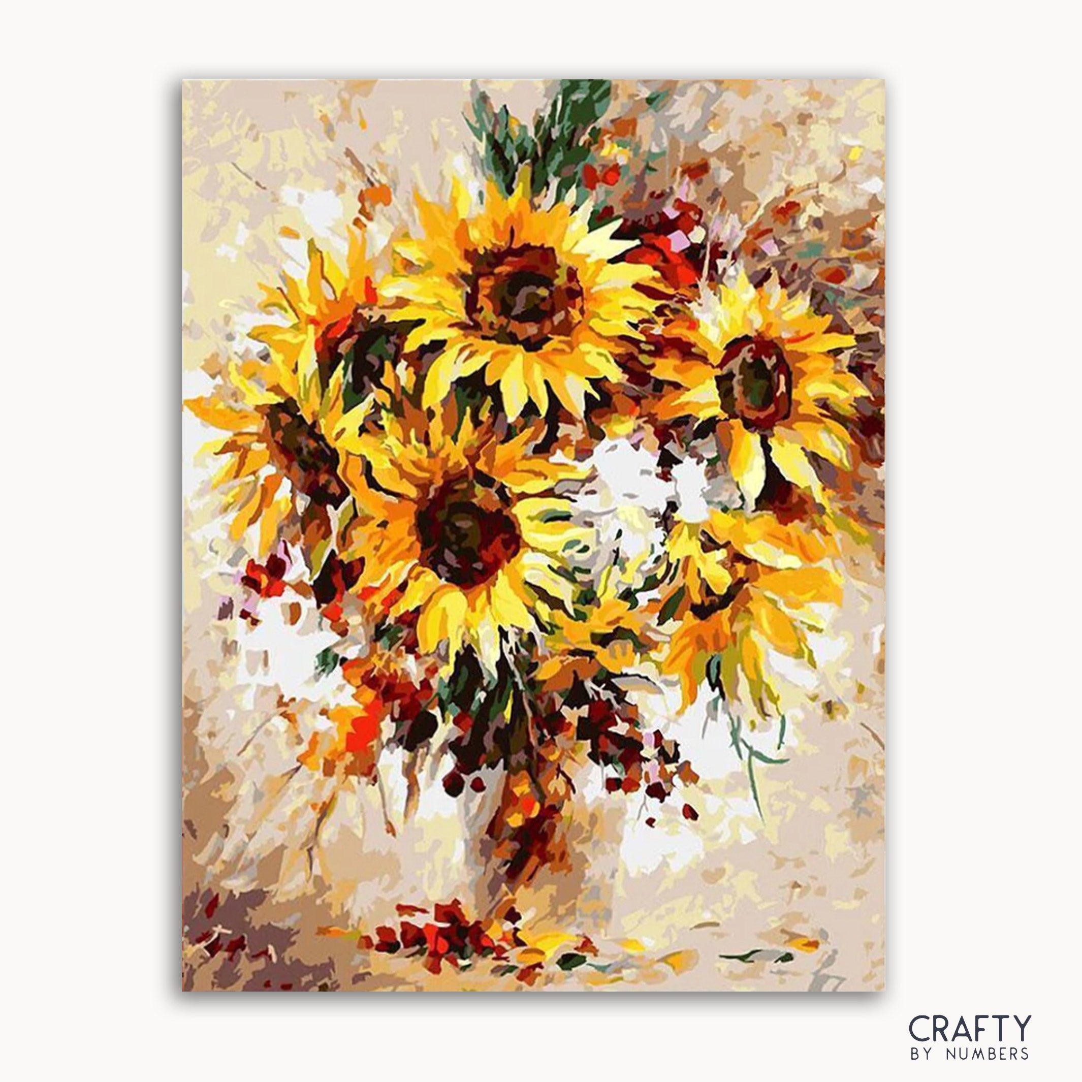 A paint-by-numbers kit image featuring a vibrant painting of sunflowers with abstract colors and brush strokes.