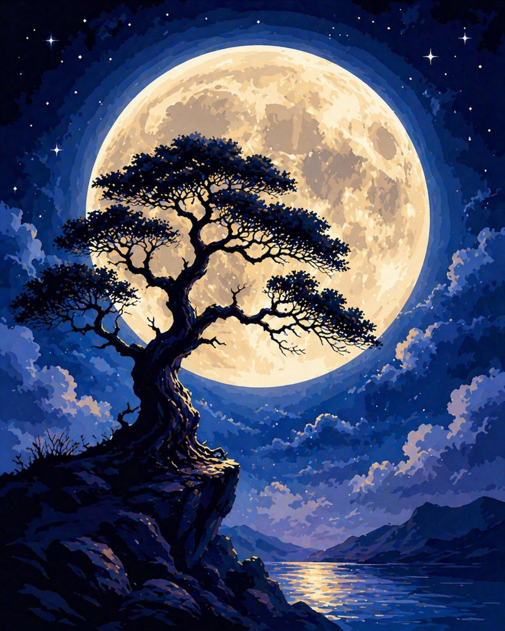 Finished Moonlit Tree paint by numbers artwork