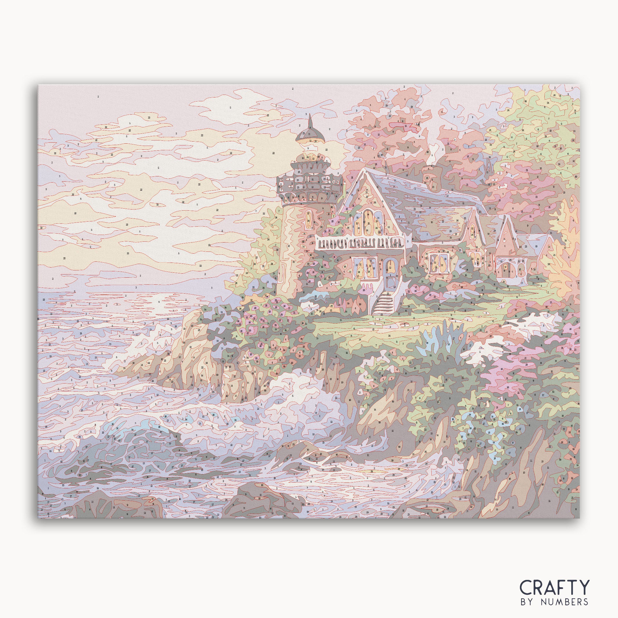 A paint by numbers kit depicting a small lighthouse scene with ocean and flowers.