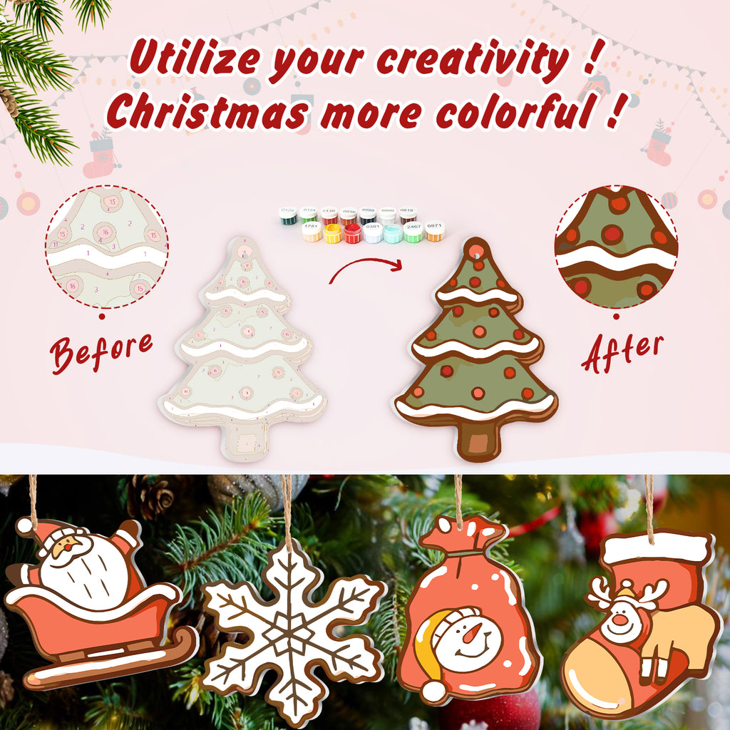 Before and after comparison of Christmas ornaments with colorful design elements.