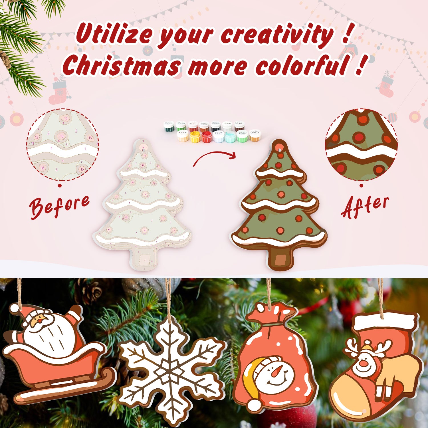 Comparaison avant et après des décorations de Noël avec des éléments de design colorés.