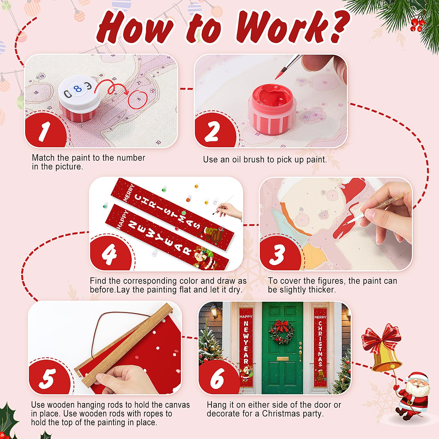 Step-by-step guide for using a festive painting kit with Christmas-themed instructions.