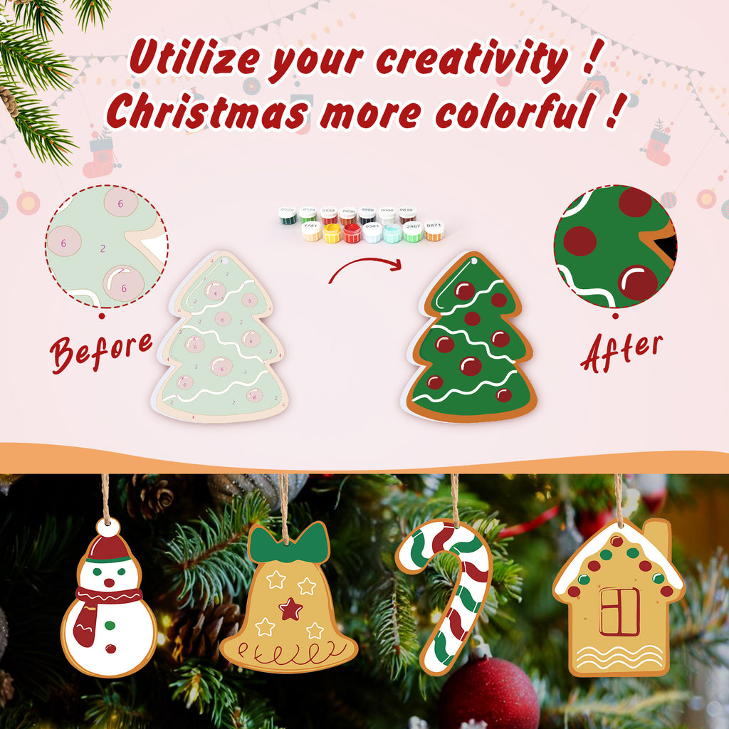 Decorative Christmas ornaments with 'Before' and 'After' designs, surrounded by Christmas tree and decorations.