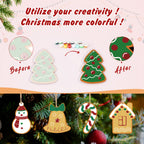 Decorative Christmas ornaments with 'Before' and 'After' designs, surrounded by Christmas tree and decorations.