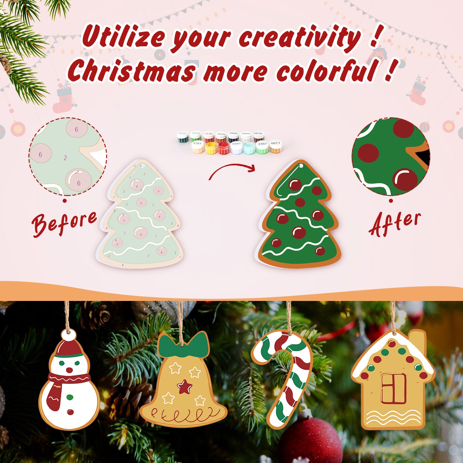 Decorative Christmas ornaments with 'Before' and 'After' designs, surrounded by Christmas tree and decorations.