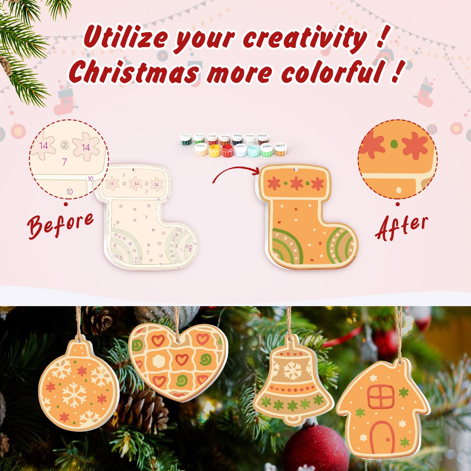 Before and after comparison of Christmas ornaments with colorful designs on a festive background.