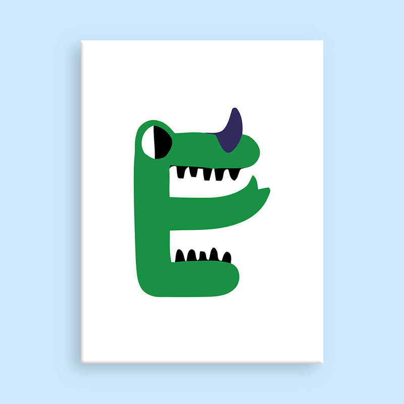 Green monster letter 'E' on a white background with a light blue border