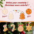 Before and after comparison of Christmas ornaments with colorful designs on a festive background.