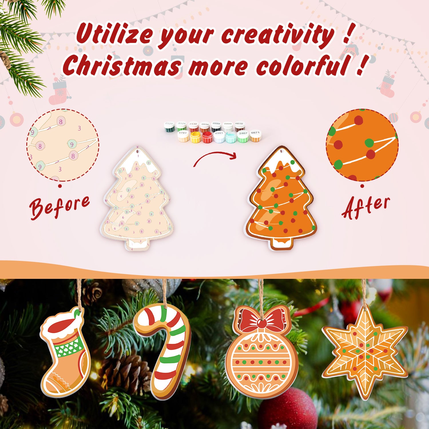 Before and after comparison of Christmas ornaments with colorful designs on a festive background.