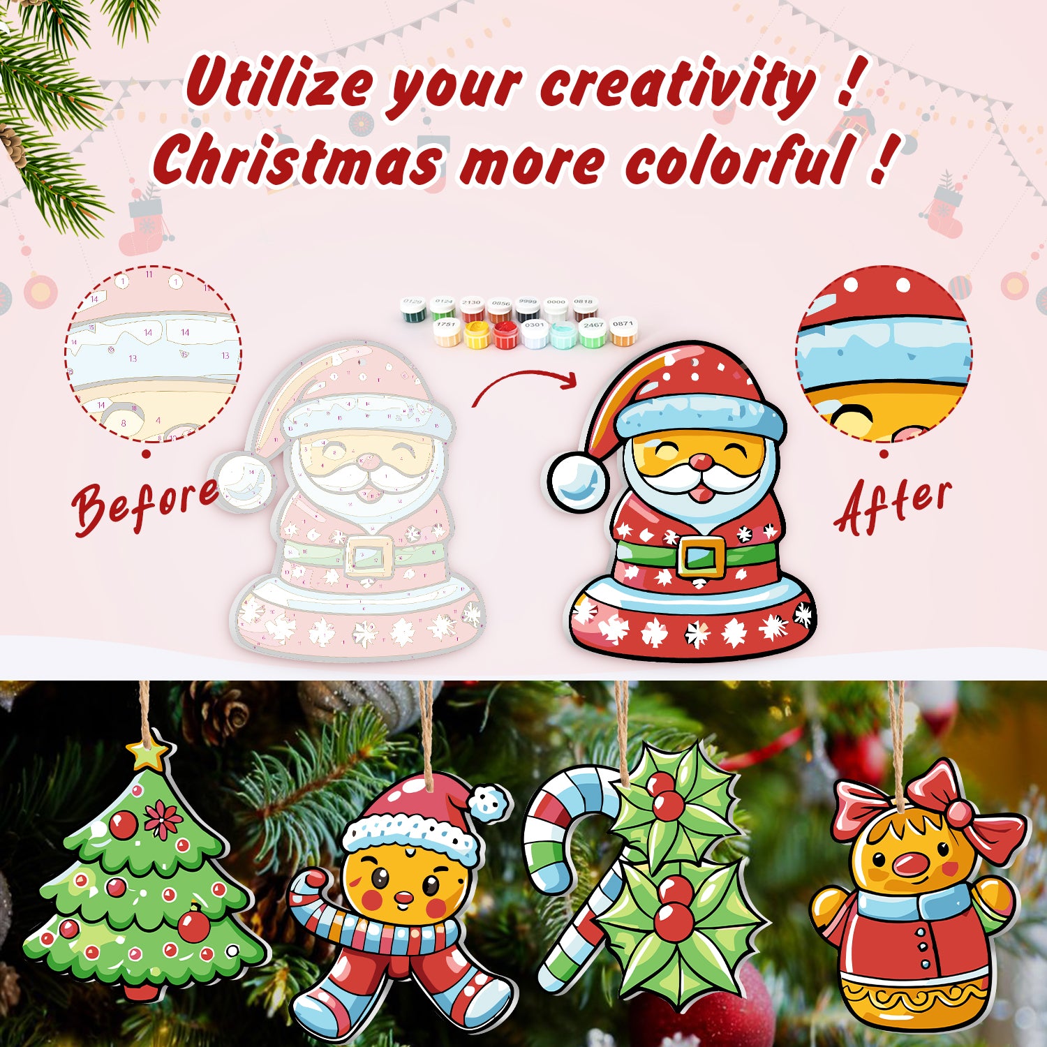 Before and after transformation of Christmas ornaments with colorful paint options.