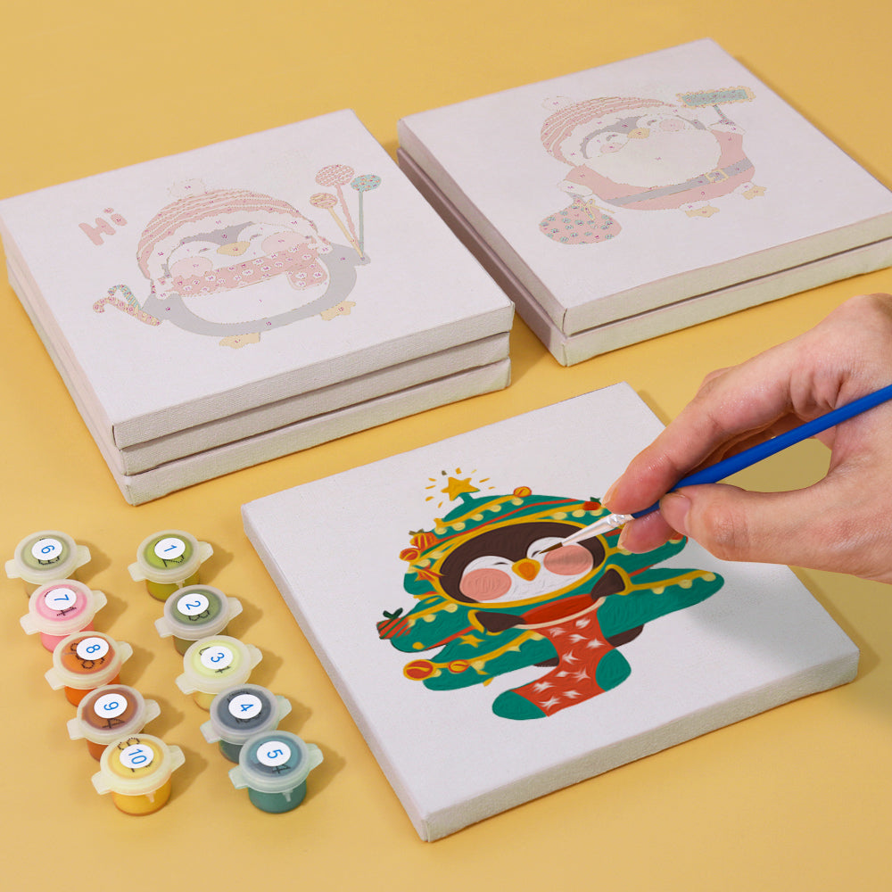 Penguin family in snowy scene paint by numbers set