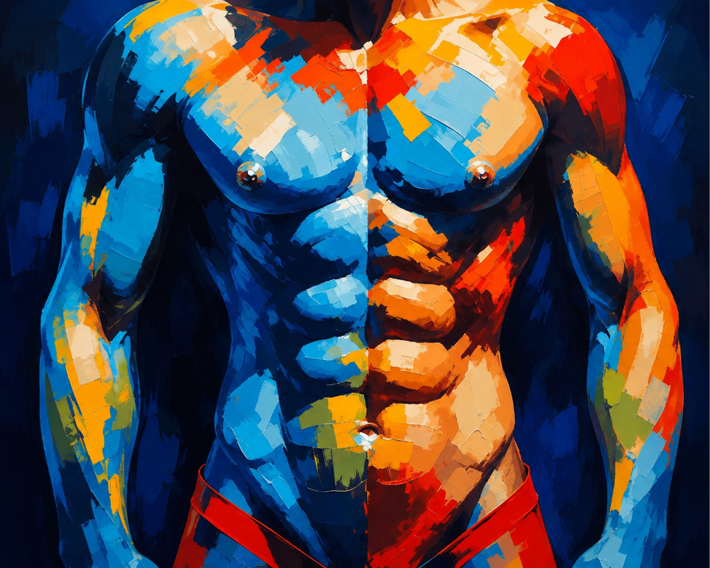 A muscular male torso painted in bold blue, orange, red and yellow brushstrokes.