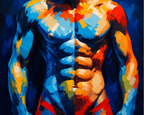 A muscular male torso painted in bold blue, orange, red and yellow brushstrokes.
