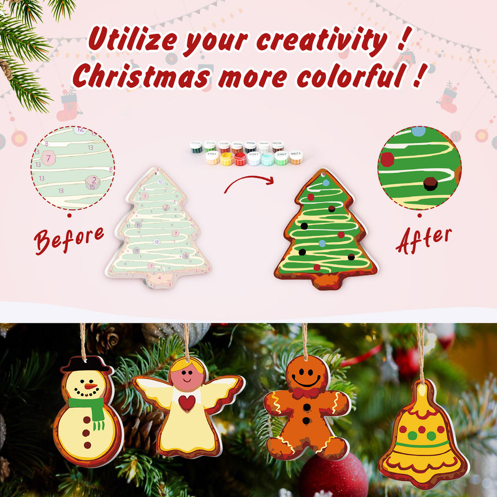 Before and after transformation of Christmas tree ornaments with colorful paint options.