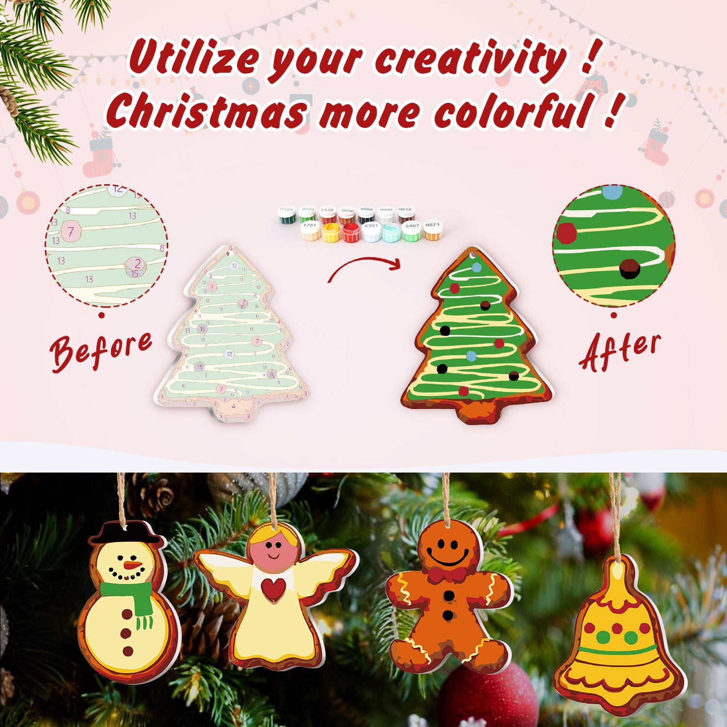 Before and after transformation of Christmas tree ornaments with colorful paint options.