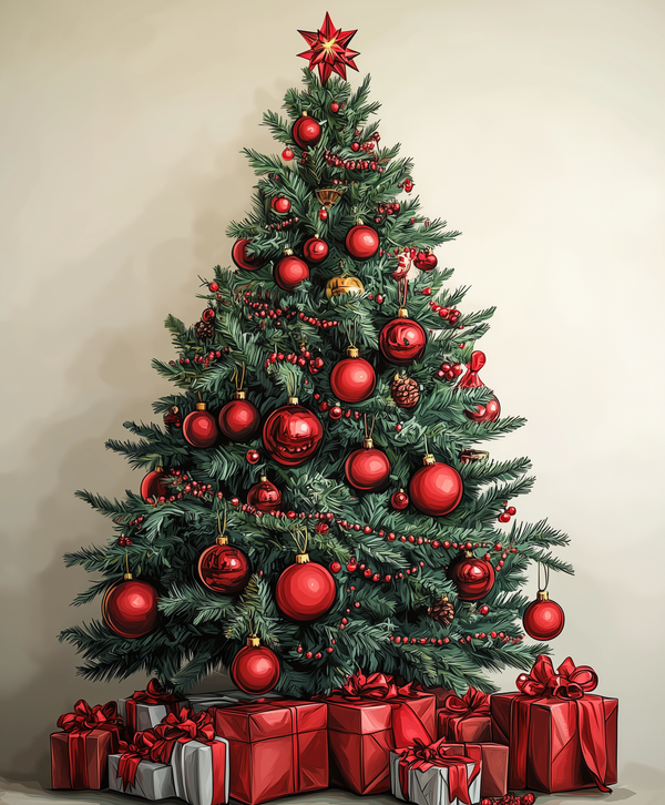 A paint by numbers kit depicting a red and evergreen Christmas tree with presents underneath, against a beige background.