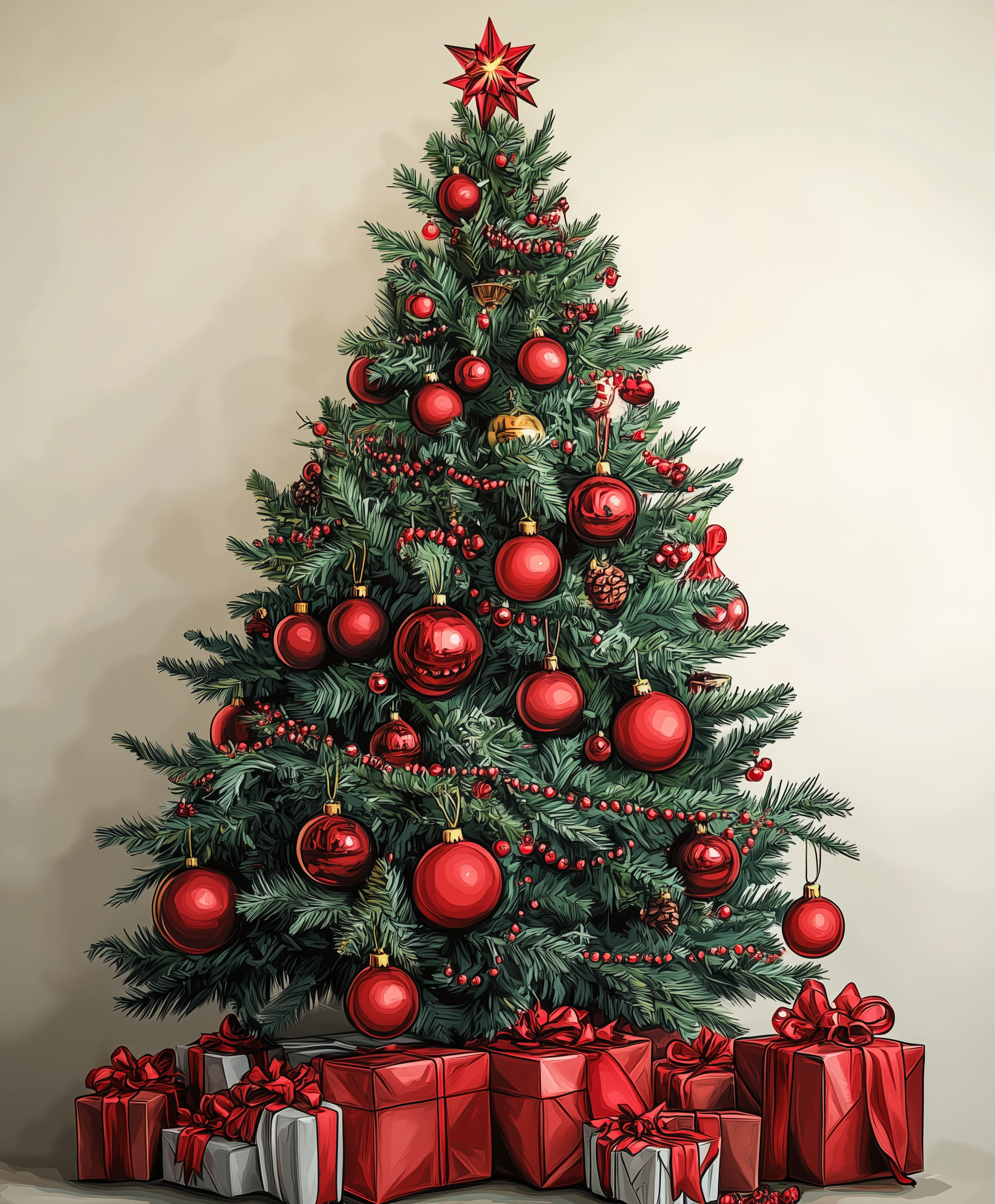 A paint by numbers kit depicting a red and evergreen Christmas tree with presents underneath, against a beige background.