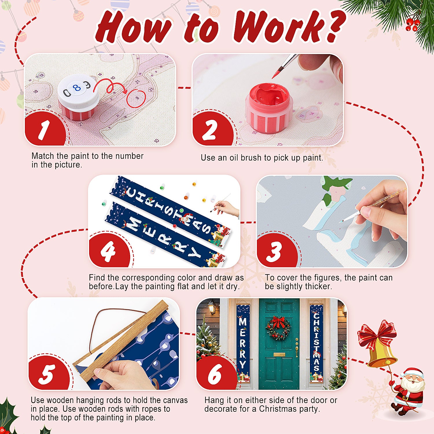 Step-by-step guide on how to use a festive-themed painting kit with illustrations and text.