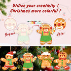 Before and after transformation of a gingerbread man ornament with colorful paint options on a festive background.