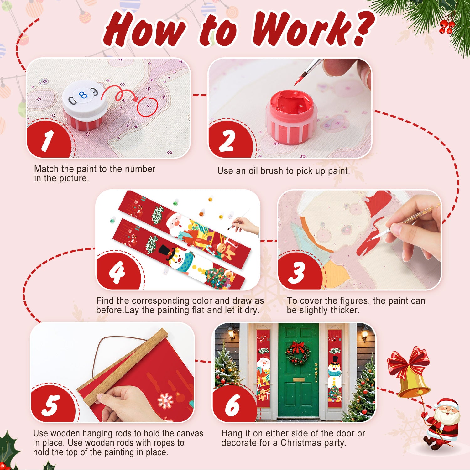 Step-by-step guide for a Christmas-themed craft project with illustrations and text.