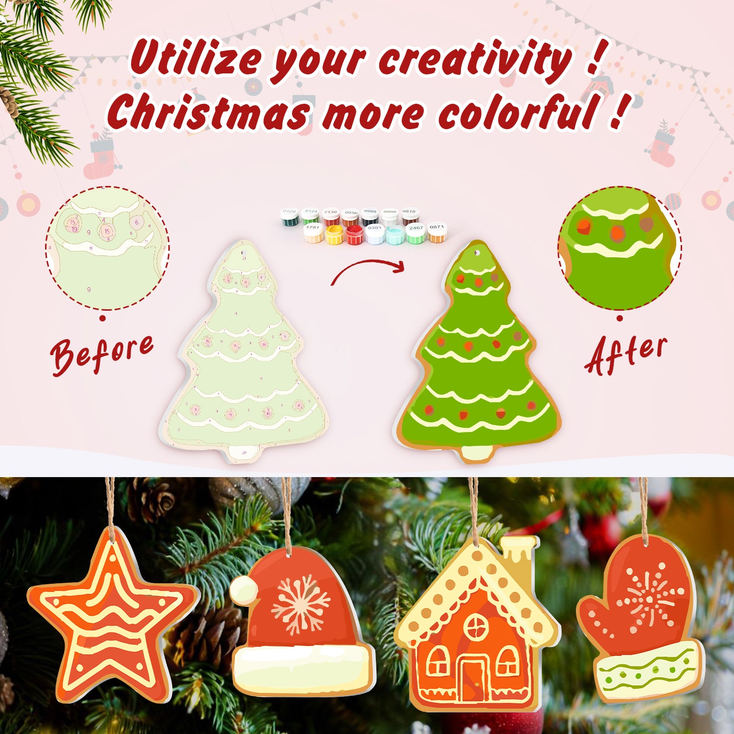 Decorative Christmas ornaments before and after decoration with text 'Utilize your creativity! Christmas more colorful!'