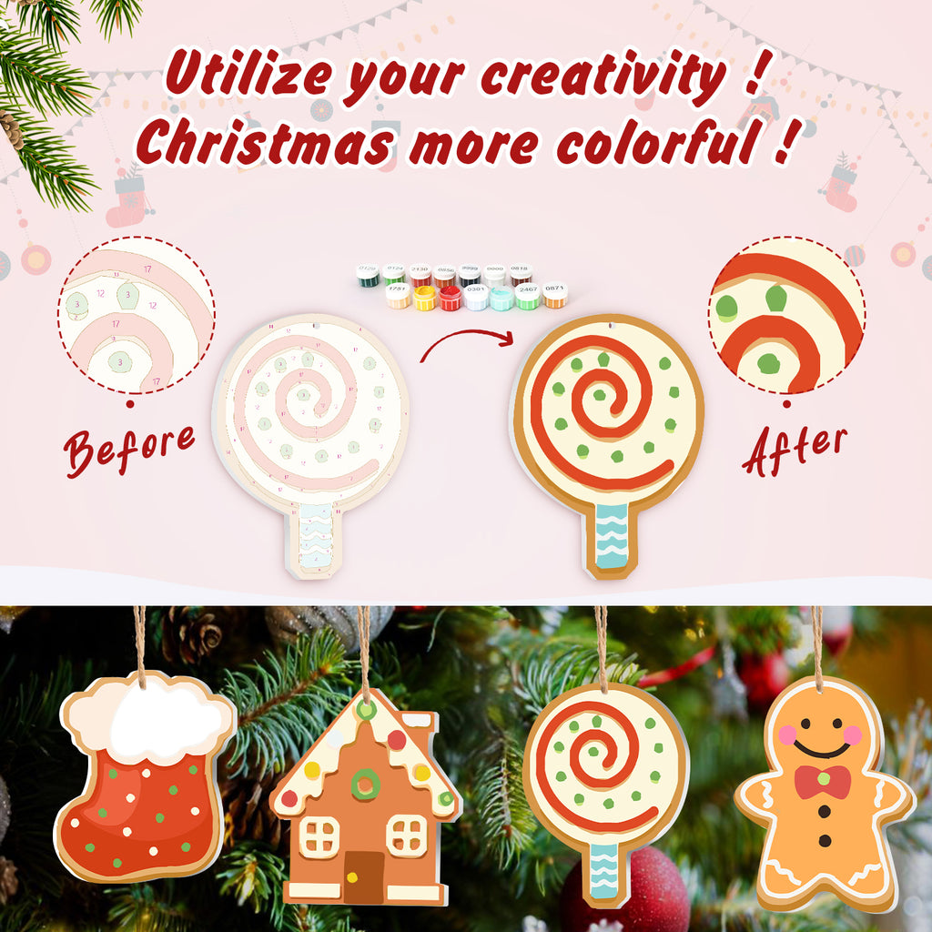 Decorative Christmas ornaments before and after color enhancement with text 'Utilize your creativity! Christmas more colorful!'.