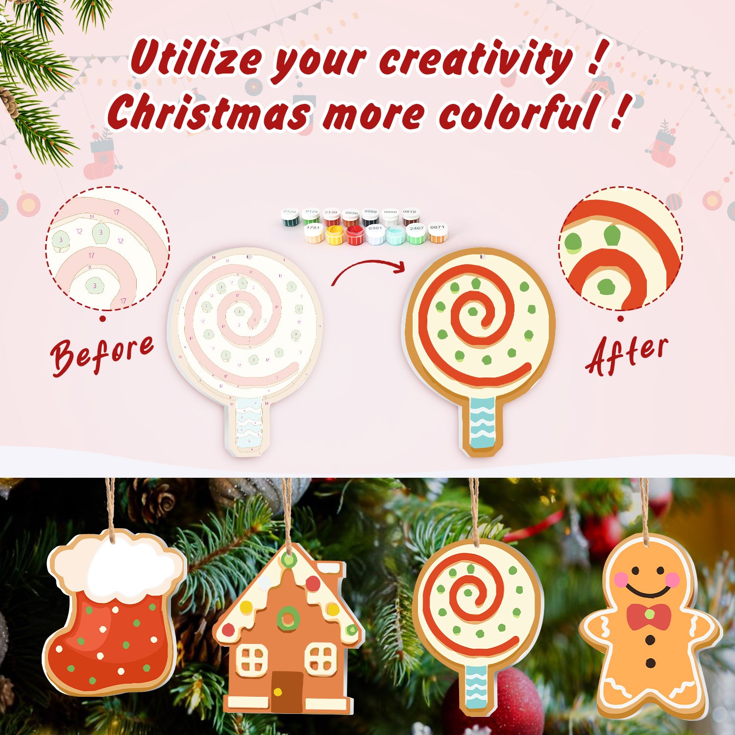 Adornos navideños decorativos antes y después de la mejora del color con el texto '¡Utiliza tu creatividad! ¡Navidad más colorida!'.
