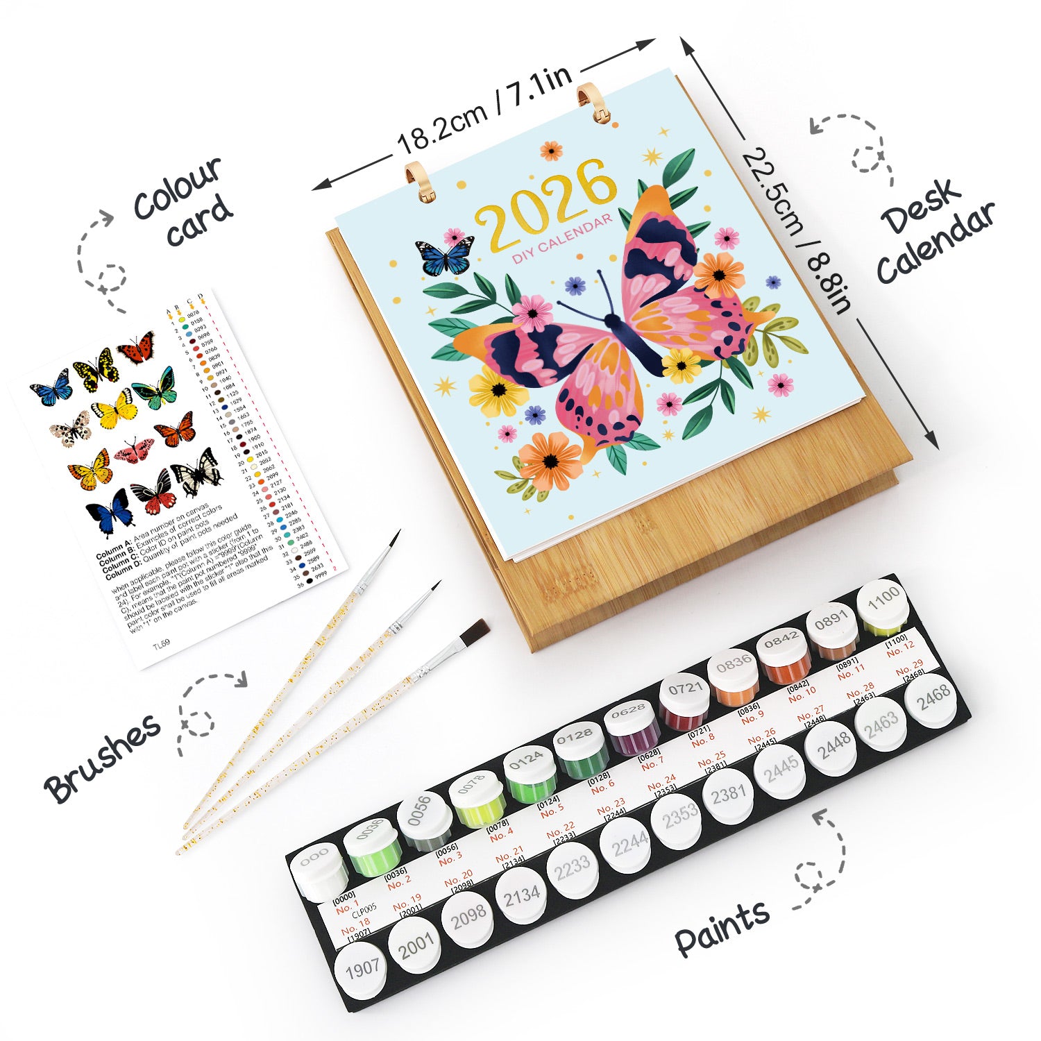 2026 calendar with butterfly design, paint set, brushes, and color card on a white background