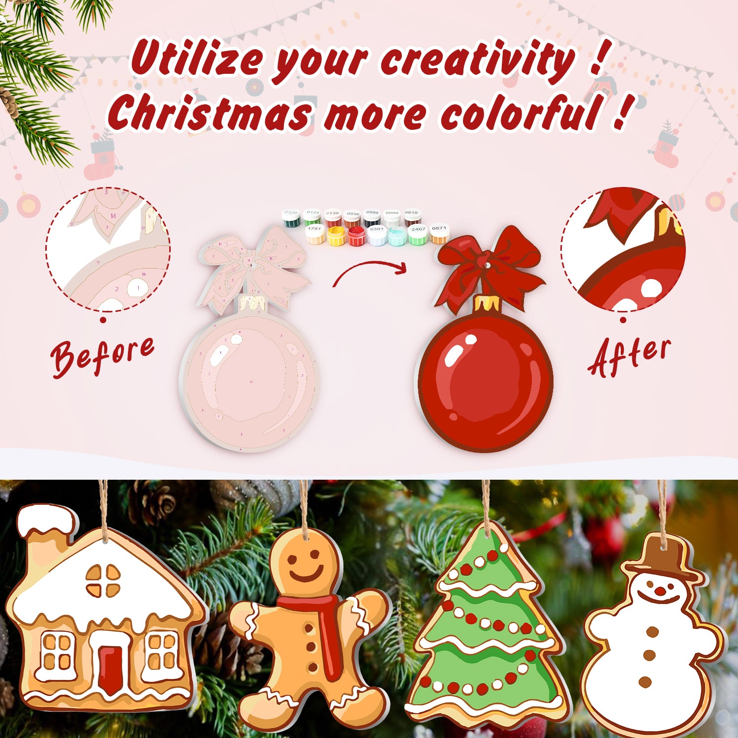 Avant et après transformation d'une décoration de Noël avec éléments décoratifs sur fond festif.