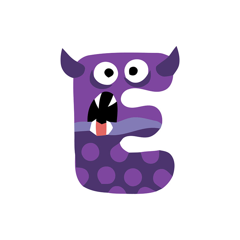 Purple cartoon letter 'E' with a surprised expression on a white background