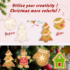 Before and after comparison of Christmas tree decorations with colorful embellishments.