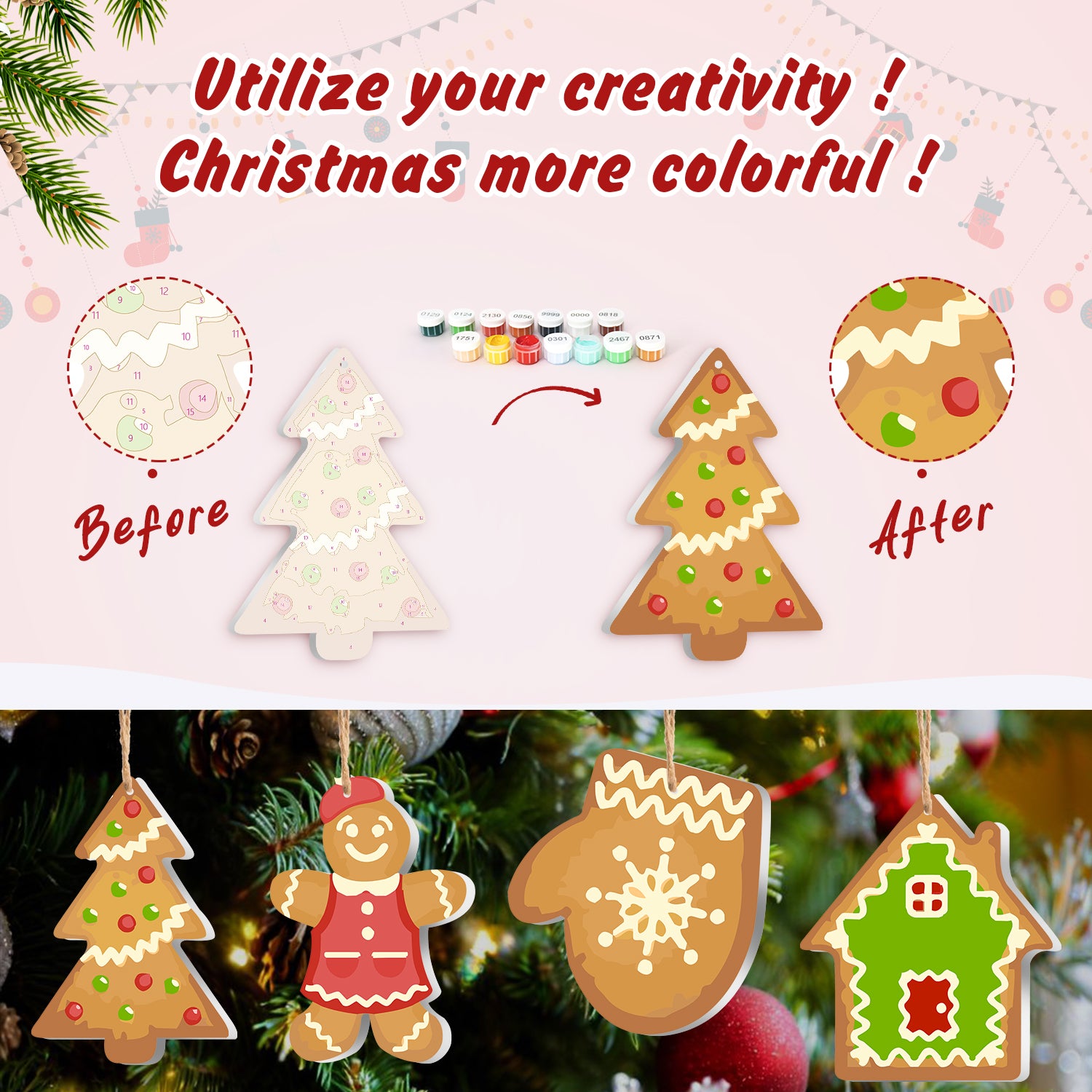 Comparaison avant et après des décorations de sapin de Noël avec des embellissements colorés.