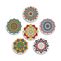 A collection of six mandala patterned coasters with various bold colors.