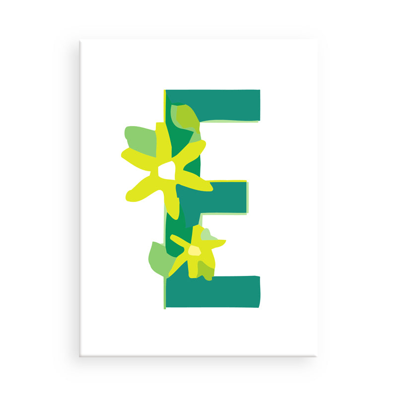 Letter 'E' with floral design on a white background