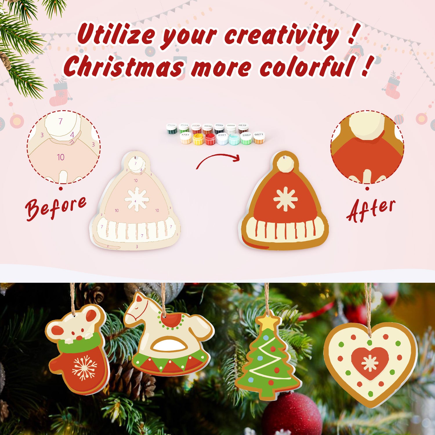 Before and after comparison of Christmas ornaments with colorful paint options on a festive background.