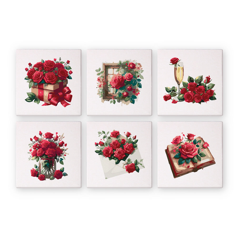 A set of six paint-by-numbers kits with rose designs on each, displayed individually against a white background.