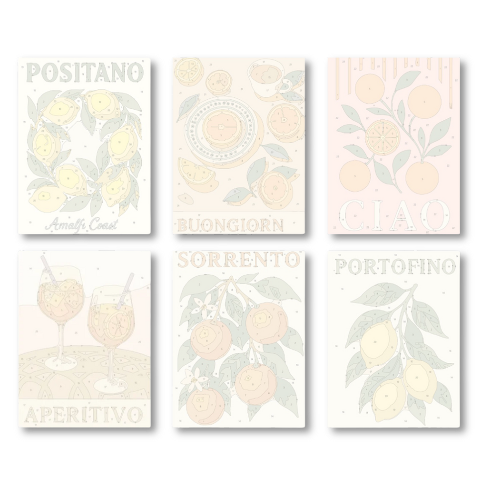 Set of six wall art prints with lemon illustrations and Italian city names on a light background.