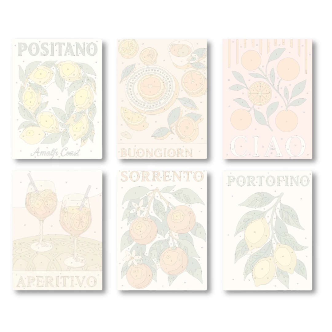 Set of six wall art prints with lemon illustrations and Italian city names on a light background.