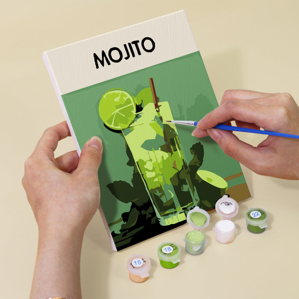 Sips & Strokes kit including brush, paints, and numbered canvas