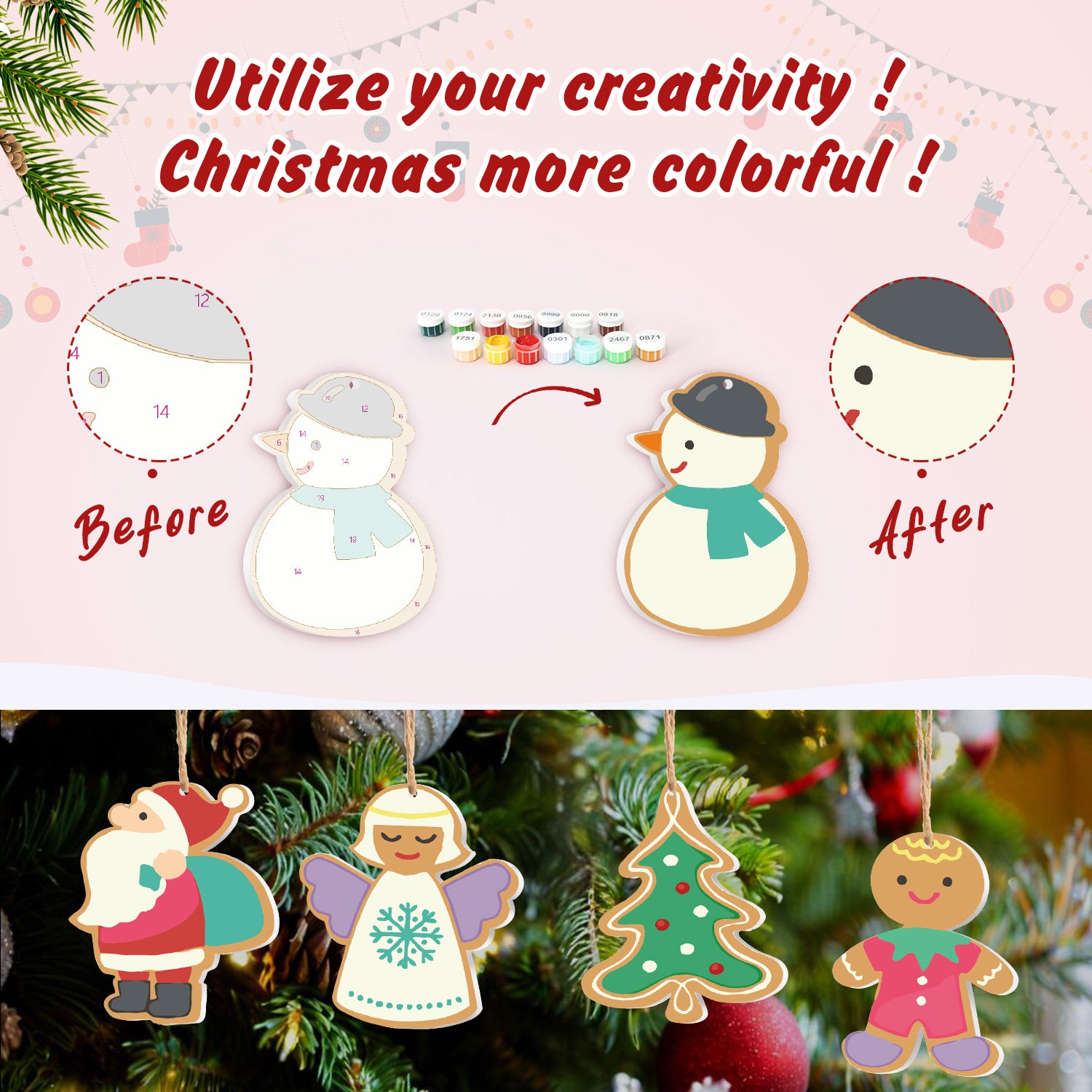 Comparación del antes y después de un adorno de muñeco de nieve con adornos adicionales en un árbol de Navidad.