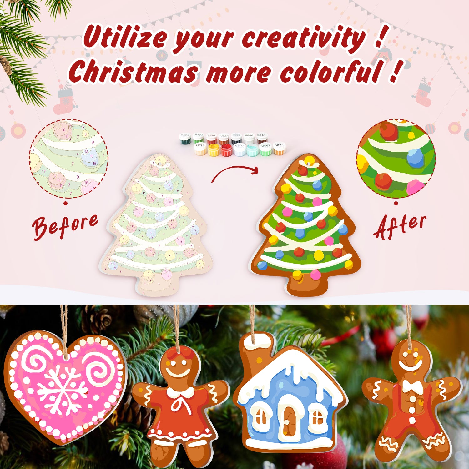 Decorative Christmas ornaments before and after color enhancement with text 'Utilize your creativity! Christmas more colorful!'.