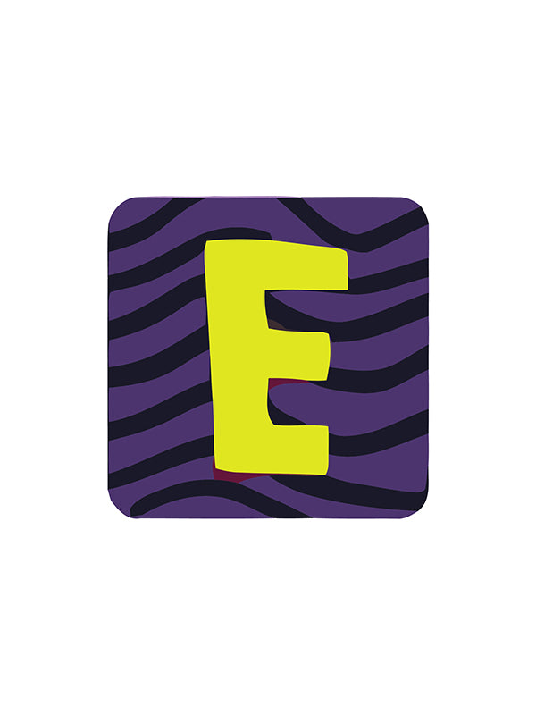 Coaster with purple and black wavy pattern and yellow letter 'E' on a white background