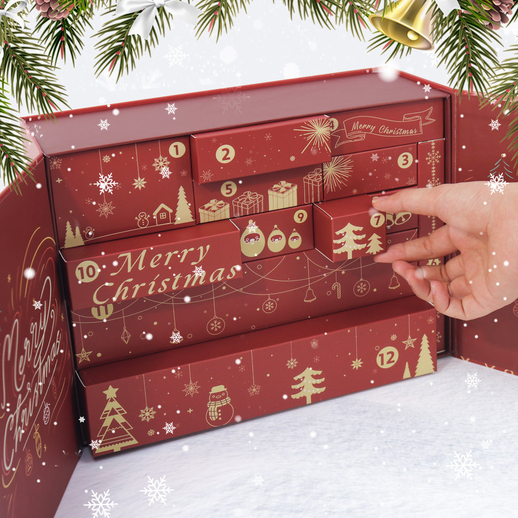 Red advent calendar with gold Christmas designs, surrounded by festive decorations.