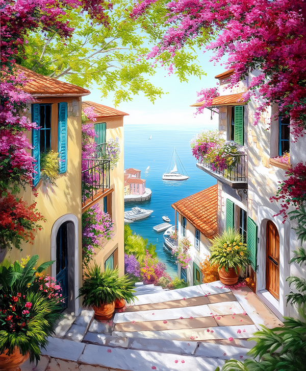A vibrant painting depicting a sunny Mediterranean scene with colorful flowers, villas, and boats on the water.